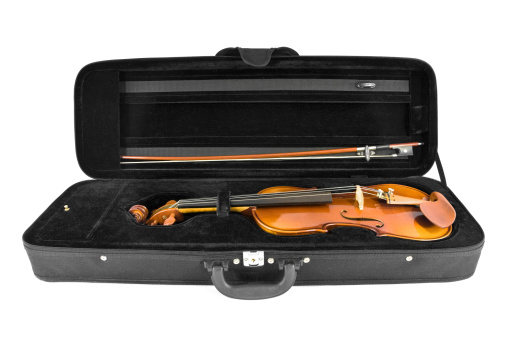 Violin, string musical instrument, tidy up in its case with his bow, isolated on white background.