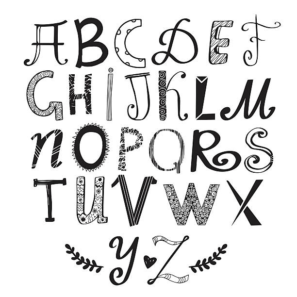 수작업 재미있는 낙서 편지들이, 어린이 말풍선이 있는 알파벳 - flower letter p alphabet alphabetical order stock illustrations