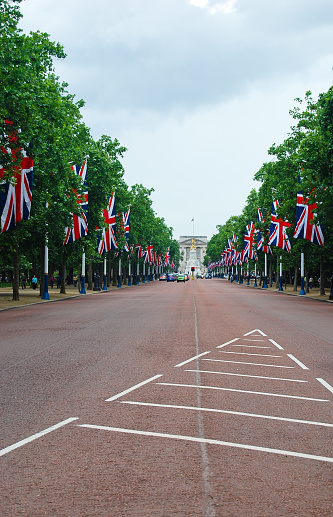Patriotic British Union Jack flags in London's Regent Street and Oxford Street for the Queen's Platinum Jubilee, marking the 70th anniversary of the Queen's accession to the throne in London, England, United Kingdom.