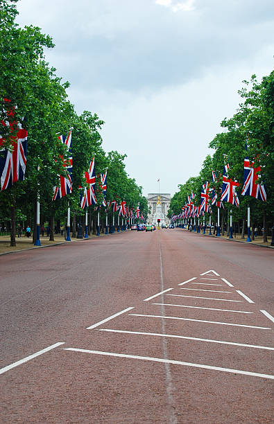 Street lined with British flags Preparation and decoration of the street in London,Uk elizabeth i of england photos stock pictures, royalty-free photos & images
