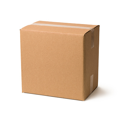 A closed cardboard box with visible shadow isolated on white background.