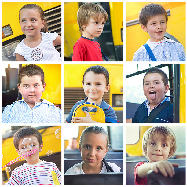 Group of 3-5 years-old Children with a School Bus