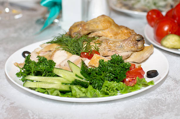 roast chicken with vegetables and salad - chicken bits bildbanksfoton och bilder