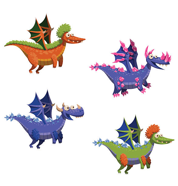 ilustrações, clipart, desenhos animados e ícones de engraçado flying dragon, set - lizard