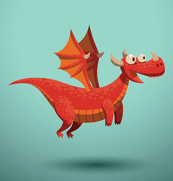 illustrazioni stock, clip art, cartoni animati e icone di tendenza di divertente drago volante, rosso - fantasy flying dragon monster