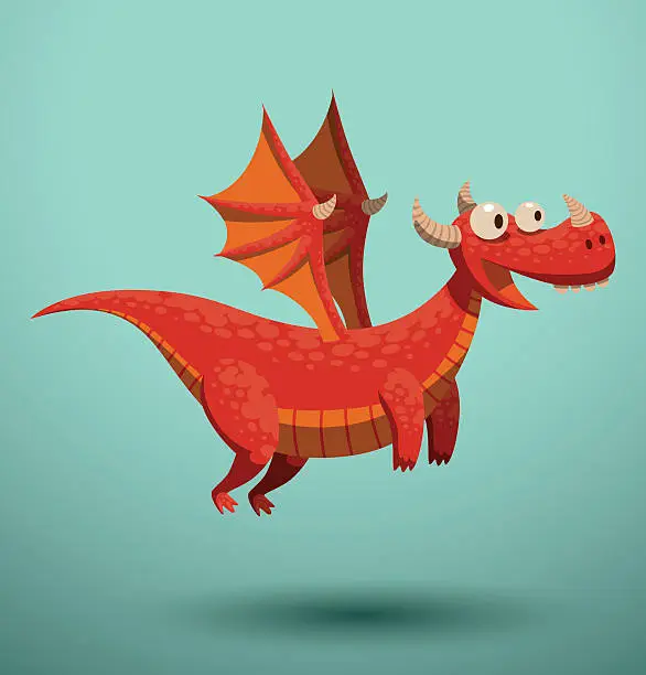 Vector illustration of Funny flying dragon, red