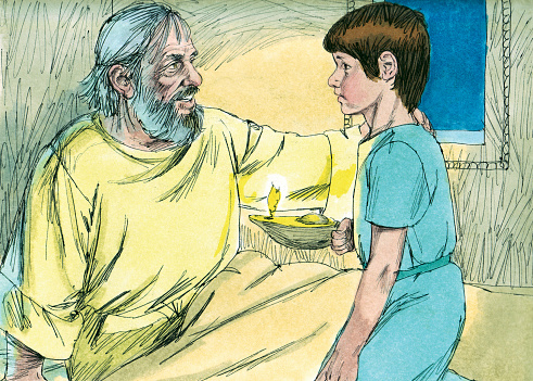 Samuel was the son of Elkanah and Hannah. Hannah prayed for a son and God gave her Samuel. Samuel grew up helping the high priest, Eli. As a boy, God called Samuel. Samuel thought it was Eli calling out to him at night. Eli helped Samuel realized it was God calling him. Samuel became a prophet. When he was an old man, he appointed his sons to be judges. They were evil men who accepted bribes. Because his sons were dishonest and Samuel was old, the Israelites demanded a king. Samuel warned them that they did not, but they demanded and God finally said to give them what they wanted. Saul became the Israelites king.