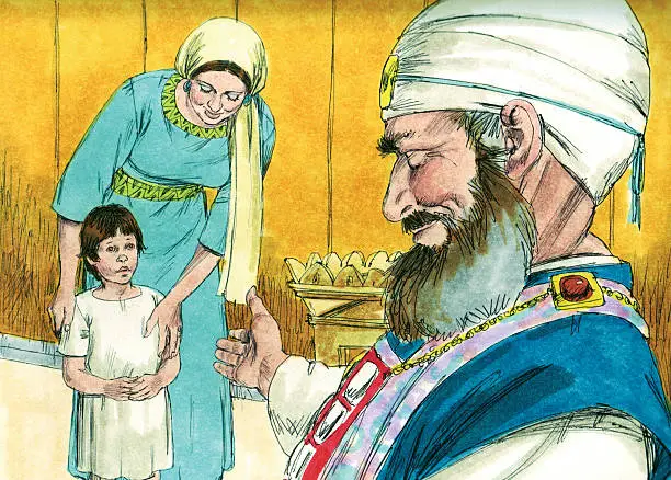 Samuel was the son of Elkanah and Hannah. Hannah prayed for a son and God gave her Samuel. Samuel grew up helping the high priest, Eli. As a boy, God called Samuel. Samuel thought it was Eli calling out to him at night. Eli helped Samuel realized it was God calling him. Samuel became a prophet. When he was an old man, he appointed his sons to be judges. They were evil men who accepted bribes. Because his sons were dishonest and Samuel was old, the Israelites demanded a king. Samuel warned them that they did not, but they demanded and God finally said to give them what they wanted. Saul became the Israelites king.