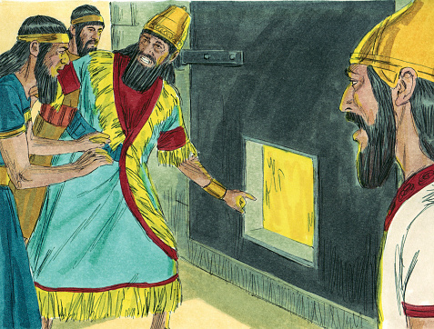 King Nebuchadnezzar trained Daniel and his three friends for duty in the royal court. They refused to eat what the others ate. They ate and drank only healthy things and after training they were healthier than anyone else. At the end of three years, the four young men joined the royal court. One night, Nebuchadnezzar had a dream. Daniel interpreted the dream for him and he was appointed him head of all the royal court. The king commanded that everyone worship a statue he built. When Daniel’s friends (Shadrach, Meshach, and Abednego) refused to do so. They were arrested and placed in the fiery furnace. God saved them by sending an angel to protect them. The king saw the fourth man and knew that God had intervened. He released them and praised God. The king became sick and Belshazzar, his son, replaced him as king. He worshiped idols. God wrote a message on the wall and Daniel interpreted it. Daniel told him the message said he would die soon because of his disobedience. Belshazzar died and Darius became king. Darius promoted Daniel. The officials became jealous and arranged for Daniel to be placed in the lion’s den. God protected him. Darius declared that everyone worship the God of Daniel.