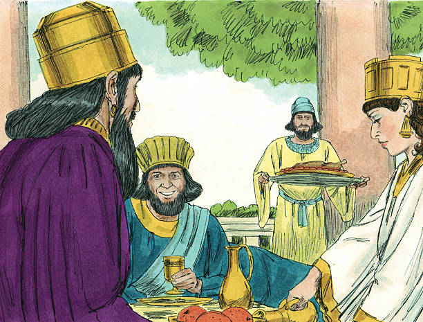 Esther and Banquet Esther became Queen of Persia following Vashti. She did not reveal that she was Jewish. Her cousin, Mordecai, worked at the palace and happened to overhear some of the guards plotting to kill the king.He reported the plan and the king was saved. Haman was also a man working in the palace. He was promoted to a higher position and did not like Mordecai. He convinced the king to make a decree that would allow for all Jews to be killed. Esther learned of this plan and devised a plan of her own. The king learned that Mordecai had been the one who saved his life. Esther planned a banquet for the king and Haman. Haman thought that he was the only one invited. The king told him that he wanted to honor a certain man. Haman believed he was that man. He was terrified when he found out that Mordecai was the man the king wanted honored. Soon the plan Haman had made to kill Mordecai, Esther and all the Jews was uncovered. Haman was arrested and hanged. Mordecai was honored by the king. The king declared a new decree protecting the Jews. Mordecai and Esther rejoiced. esther bible stock pictures, royalty-free photos & images