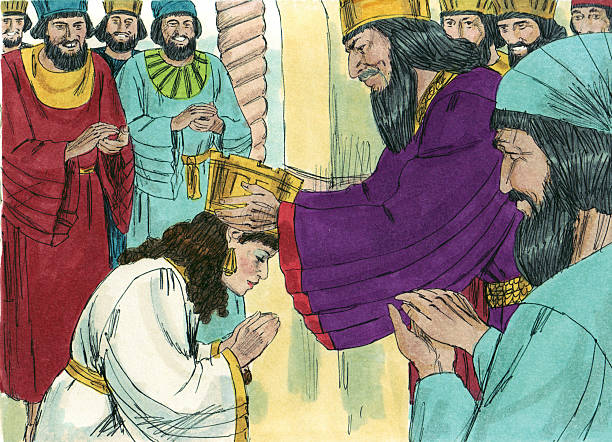 Esther Marries King Esther became Queen of Persia following Vashti. She did not reveal that she was Jewish. Her cousin, Mordecai, worked at the palace and happened to overhear some of the guards plotting to kill the king.He reported the plan and the king was saved. Haman was also a man working in the palace. He was promoted to a higher position and did not like Mordecai. He convinced the king to make a decree that would allow for all Jews to be killed. Esther learned of this plan and devised a plan of her own. The king learned that Mordecai had been the one who saved his life. Esther planned a banquet for the king and Haman. Haman thought that he was the only one invited. The king told him that he wanted to honor a certain man. Haman believed he was that man. He was terrified when he found out that Mordecai was the man the king wanted honored. Soon the plan Haman had made to kill Mordecai, Esther and all the Jews was uncovered. Haman was arrested and hanged. Mordecai was honored by the king. The king declared a new decree protecting the Jews. Mordecai and Esther rejoiced. esther bible stock pictures, royalty-free photos & images
