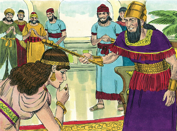 King Pleased with Esther Esther became Queen of Persia following Vashti. She did not reveal that she was Jewish. Her cousin, Mordecai, worked at the palace and happened to overhear some of the guards plotting to kill the king.He reported the plan and the king was saved. Haman was also a man working in the palace. He was promoted to a higher position and did not like Mordecai. He convinced the king to make a decree that would allow for all Jews to be killed. Esther learned of this plan and devised a plan of her own. The king learned that Mordecai had been the one who saved his life. Esther planned a banquet for the king and Haman. Haman thought that he was the only one invited. The king told him that he wanted to honor a certain man. Haman believed he was that man. He was terrified when he found out that Mordecai was the man the king wanted honored. Soon the plan Haman had made to kill Mordecai, Esther and all the Jews was uncovered. Haman was arrested and hanged. Mordecai was honored by the king. The king declared a new decree protecting the Jews. Mordecai and Esther rejoiced. esther bible stock pictures, royalty-free photos & images