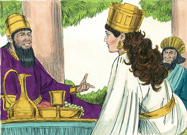 King, Esther, and Haman Esther became Queen of Persia following Vashti. She did not reveal that she was Jewish. Her cousin, Mordecai, worked at the palace and happened to overhear some of the guards plotting to kill the king.He reported the plan and the king was saved. Haman was also a man working in the palace. He was promoted to a higher position and did not like Mordecai. He convinced the king to make a decree that would allow for all Jews to be killed. Esther learned of this plan and devised a plan of her own. The king learned that Mordecai had been the one who saved his life. Esther planned a banquet for the king and Haman. Haman thought that he was the only one invited. The king told him that he wanted to honor a certain man. Haman believed he was that man. He was terrified when he found out that Mordecai was the man the king wanted honored. Soon the plan Haman had made to kill Mordecai, Esther and all the Jews was uncovered. Haman was arrested and hanged. Mordecai was honored by the king. The king declared a new decree protecting the Jews. Mordecai and Esther rejoiced. esther bible stock pictures, royalty-free photos & images