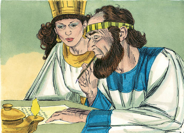Mordecai and Queen Esther The Bible Art Library is a collection of commissioned biblical paintings. During the late 1970s and early 1980s, under a work-for-hire contract, artist Jim Padgett created illustrations for 208 Bible stories encompassing the entire Bible from Genesis through Revelation. There are over 2200 high-quality, colorful, and authentic illustrations.  esther bible stock pictures, royalty-free photos & images