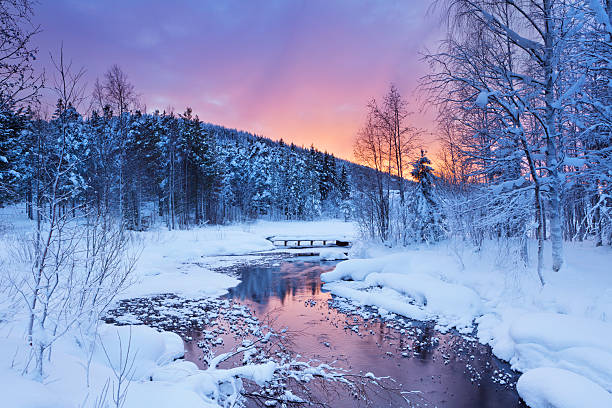 lever du soleil sur la rivière en hiver à proximité du levi', laponie finlandaise - vibrant color forest ice snow photos et images de collection