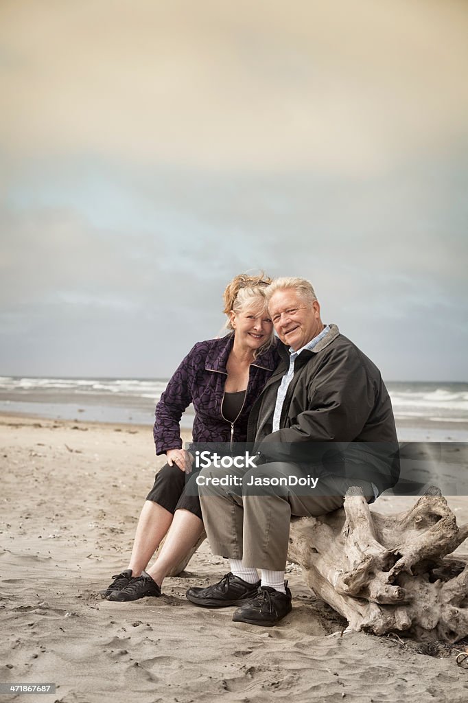 Feliz casal sênior na praia - Foto de stock de Piquenique royalty-free