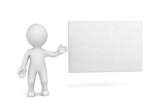 A young businessman holding a message board. She points to the left side. 3D illustration