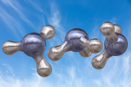 A ball and stick model of molecules of ammonia. A pungent gas. It is used in a solution of water as a household cleaner as well as in the production of pharmaceuticals and fertilizers.