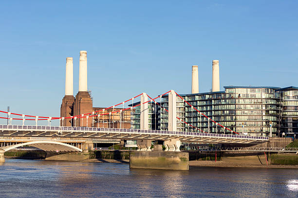 Battersea Power Station View of Chelsea Bridge and Battersea Power Station in London. window chimney london england residential district stock pictures, royalty-free photos & images