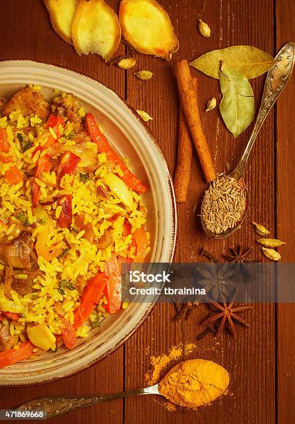 Indian Biryani With Chicken And Spices Stock Photo - Download Image Now - 2015, Barberry Family, Basmati Rice