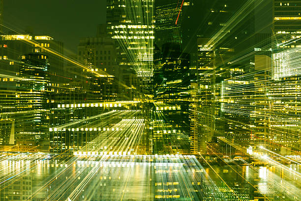 istock New York City skyline with abstract motion blurred lights 471869729