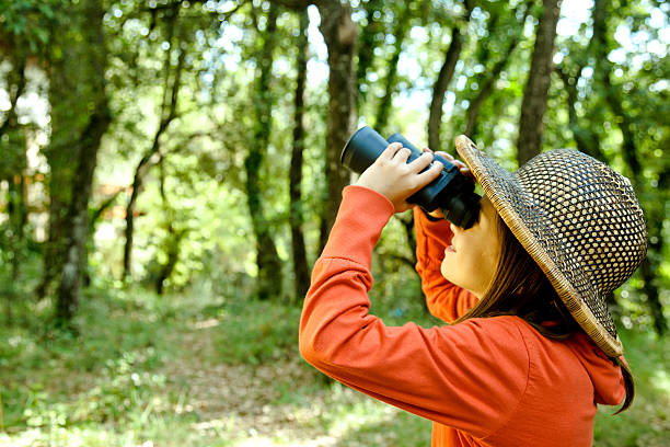 młoda dziewczyna ptaki explorer - discovery binoculars boy scout searching zdjęcia i obrazy z banku zdjęć