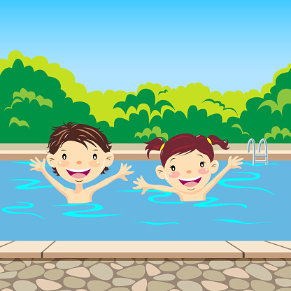 Happy Children Swimming In The Pool Stock Illustration - Download Image Now  - Swimming Pool, Cartoon, Child - iStock