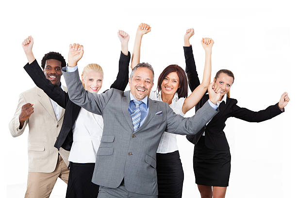 istock Successful Business Team With Arms Raised Over White Background 471871130