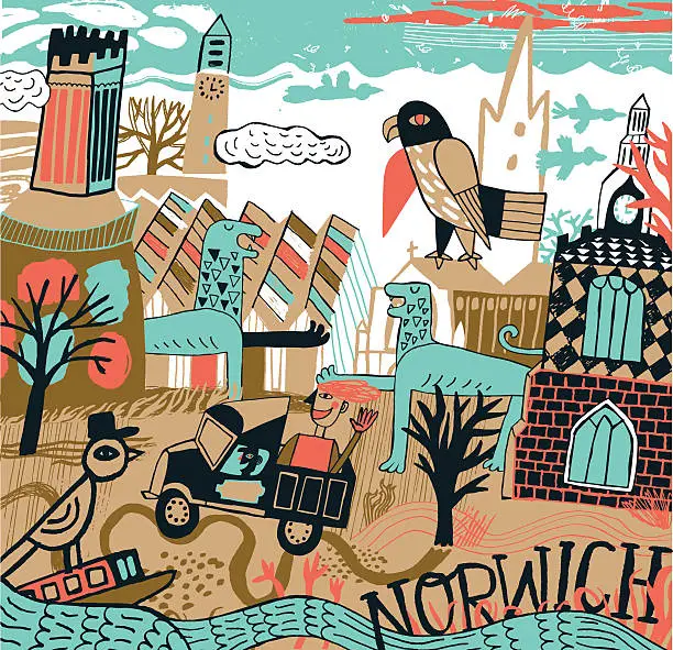 Vector illustration of Hand drawn city Norwich in United Kingdom