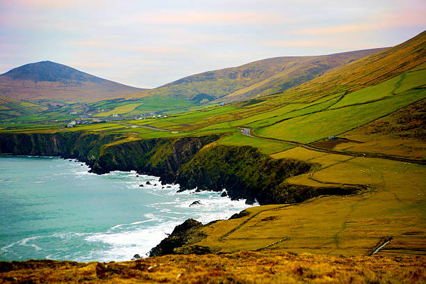 The Slea Head Drive - Ireland Slea Head Drive is a scenic road on Dingle peninsula in county Kerry, Ireland. It is part of the Wild Atlantic Way and leads to the westernmost point of Ireland and arguably Europe. dingle bay stock pictures, royalty-free photos & images