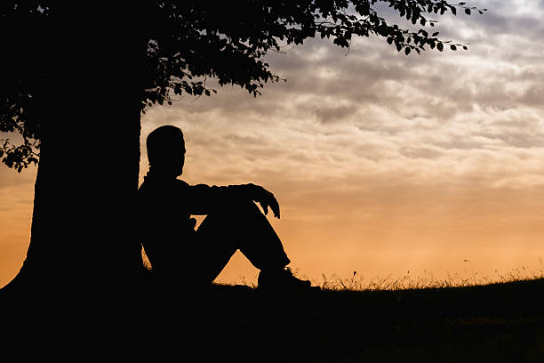 istock Man silhouette sitting under tree on cloudy day outdoor 471873591