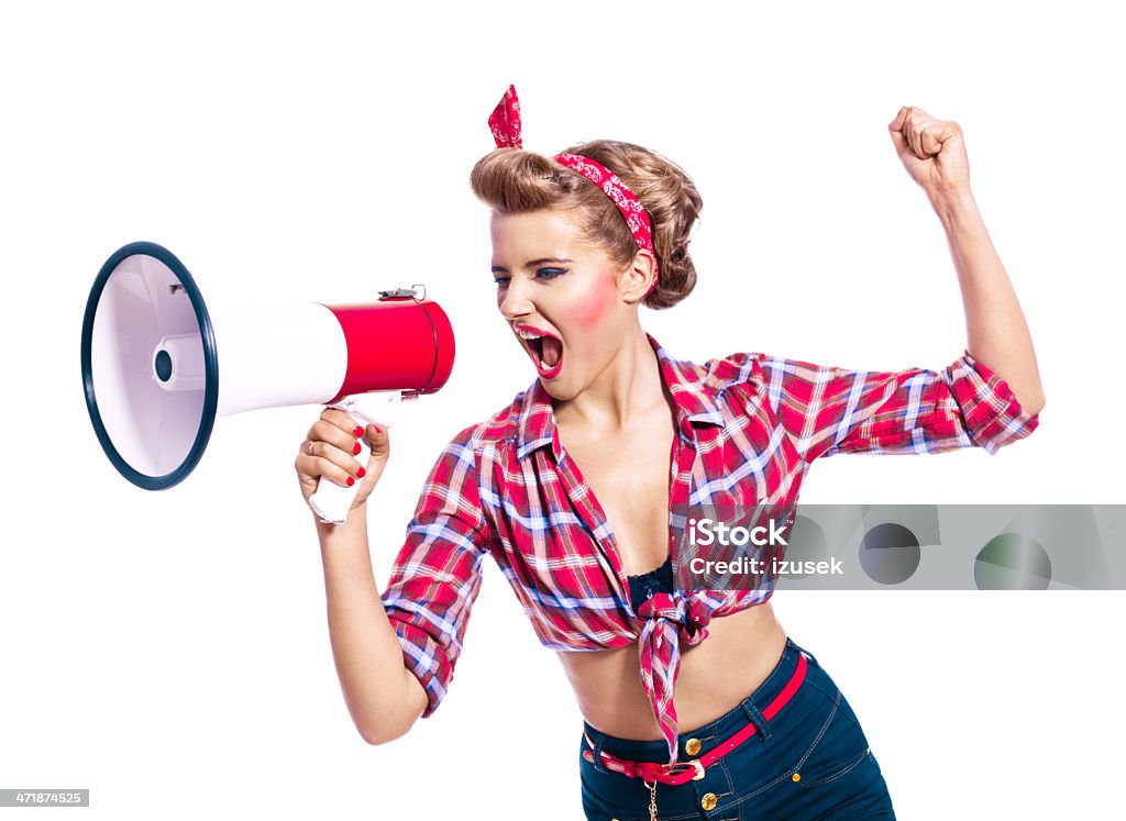 Mulher Pin-up estilo com Megafone - Royalty-free Caixa de Som Foto de stock