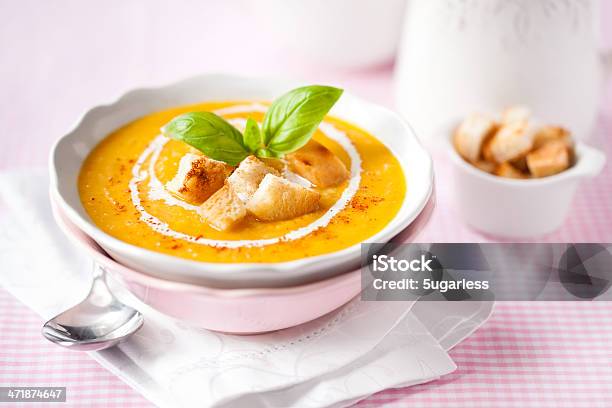 Pumpkin Soup With Croutons And Basil Stock Photo - Download Image Now - Course - Meal, Winter, Autumn