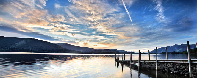 jetty at sunset in the uks lake district