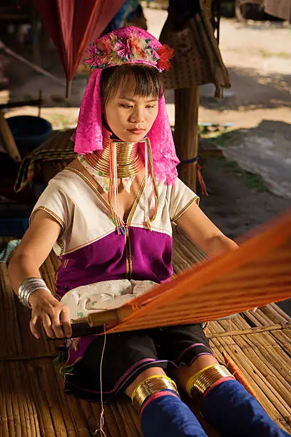 Portrait of a long-neck woman Padaung (Karen) tribe, Mae Hong Son Province in Northern Thailand.