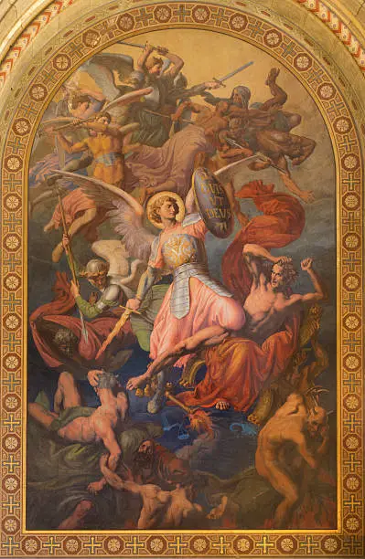 Vienna - Archangel Michael and war with the bad angels scene by Leopold Kupelwieser from 1860 in nave of Altlerchenfelder church on July 27, 2013 Vienna.