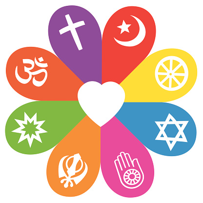 Religious signs on colored petals assembling around a heart as a symbol for colorful religious individuality or faith - Christianity, Islam, Buddhism, Judaism, Jainism, Sikhism, Bahai, Hinduism.