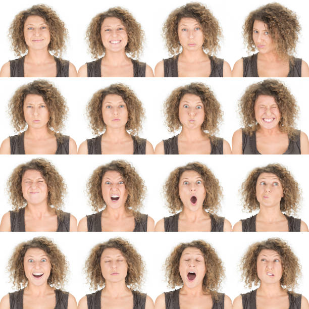 istock Expressive brown long curly hair woman set collection on white 471882182