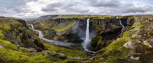 Haifoss waterfall in Iceland panorama Panoramic view of the Haifoss waterfall in Iceland iceland scenery stock pictures, royalty-free photos & images