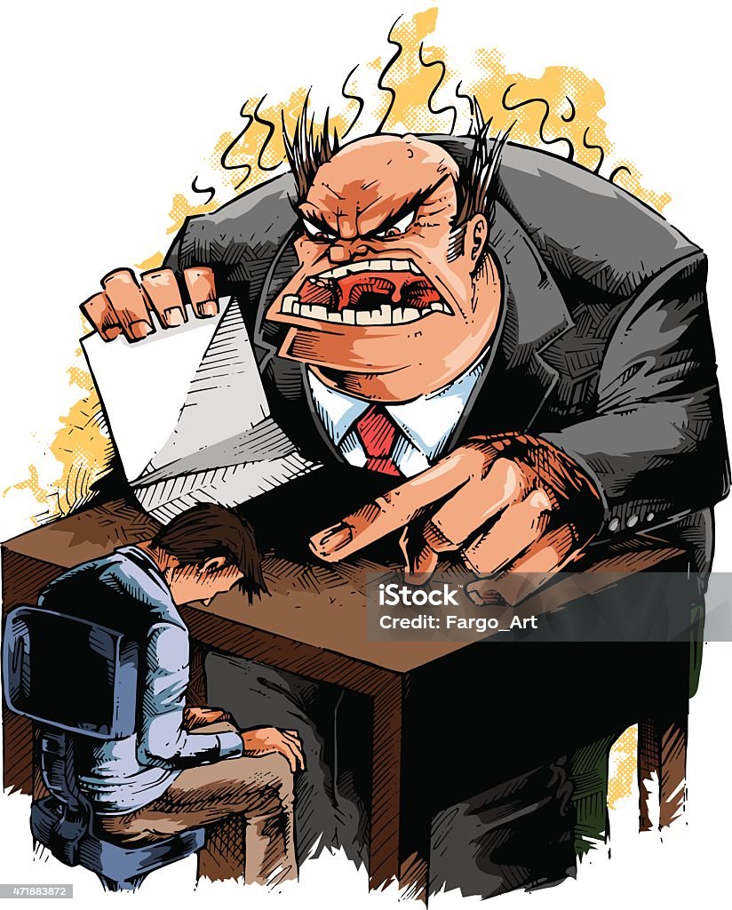 Evil scary boss A big, angry, evil boss yells to a seated crestfallen and dejected employee in his office. 2015 stock vector