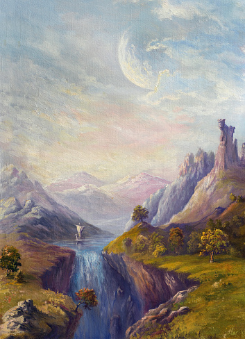 Fabulous landscape with castle ruins, a waterfall and a large moon. Oil Painting, my own artwork.