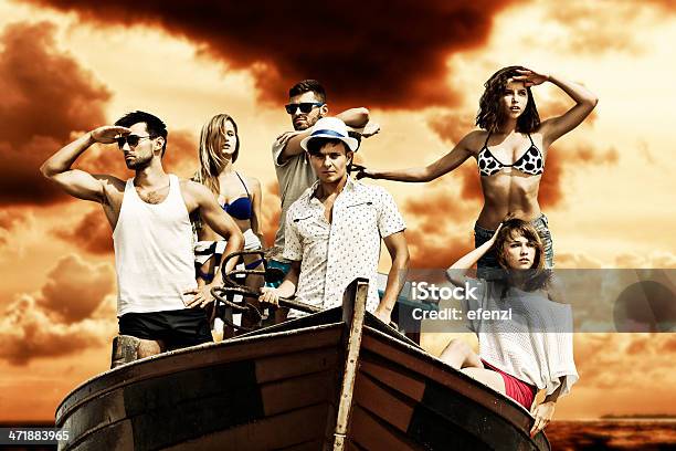 Group Of Friends In Boat Stock Photo - Download Image Now - Movie, Nautical Vessel, Pirate - Criminal