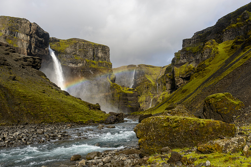 Low view of the Haifoss waterfall in Iceland.