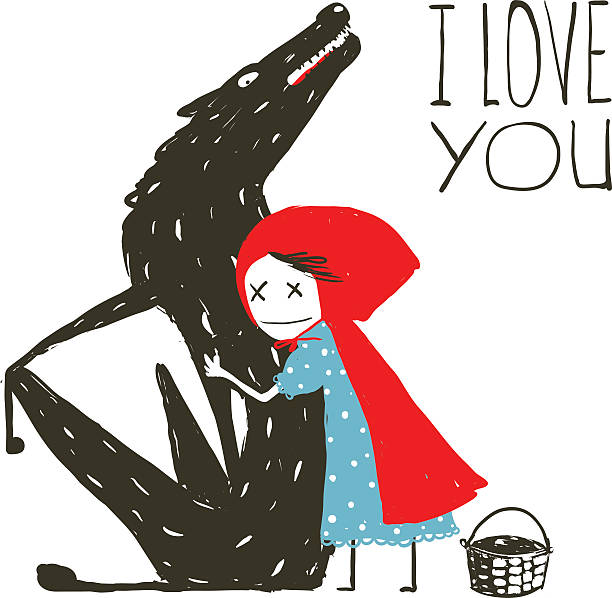 ilustrações, clipart, desenhos animados e ícones de little red riding hood adora preto wolf - i love you cartoon love little girls