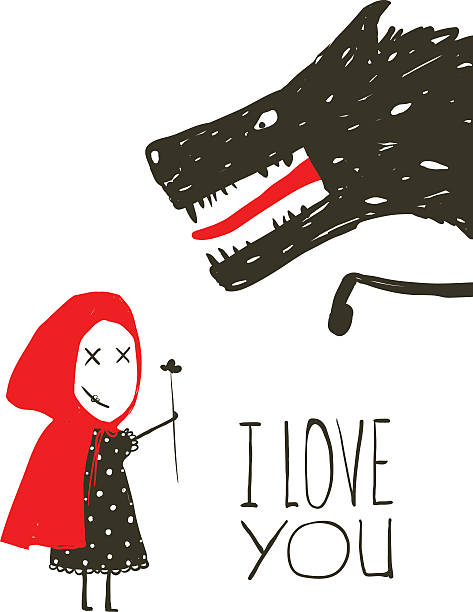 ilustrações, clipart, desenhos animados e ícones de little red riding apresentar flor em preto wolf - i love you cartoon love little girls