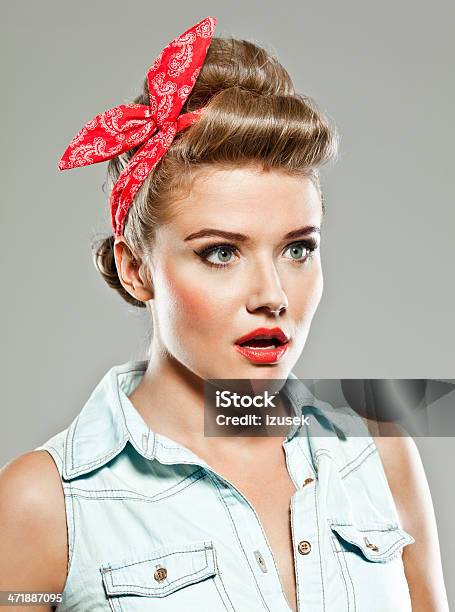 Pinup Style Woman Studio Portrait Stock Photo - Download Image Now - Close-up, Human Face, One Woman Only