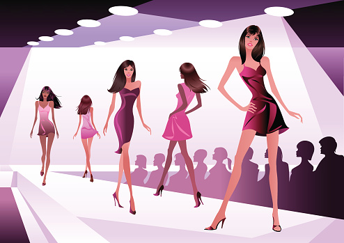 Cartoon Fashion Models In Purple Dresses Walking The Runway Stock  Illustration - Download Image Now - iStock