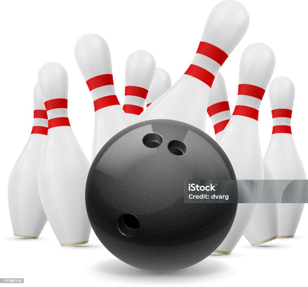 Skittles and ball. White skittles and black big ball. Strike. 2015 stock vector