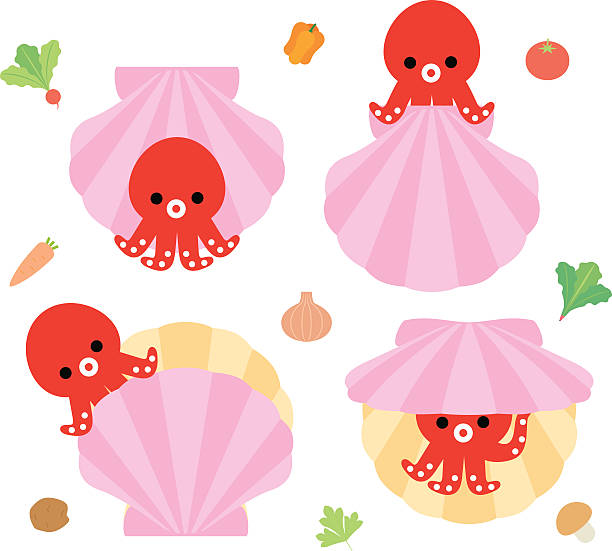 Octopus and scallops of character Octopus and scallops of character tako stock illustrations