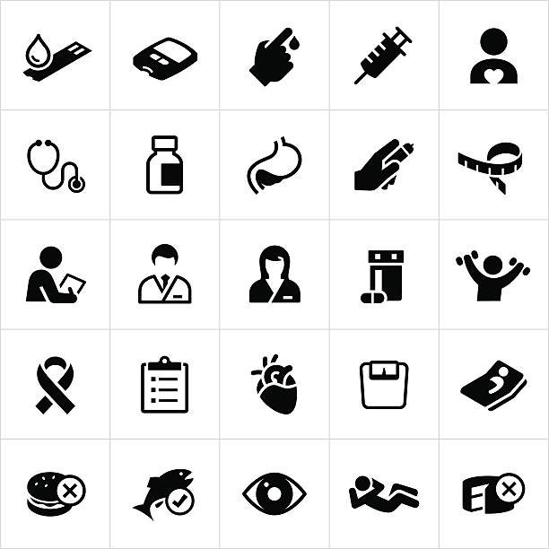 Diabetes Mellitus Icons Icons related to diabetes, it's complications and preventative measures. The vector icons symbolize medications, exercise routines, healthcare and foods associated with the prevention and treatment of diabetes. diabetes stock illustrations